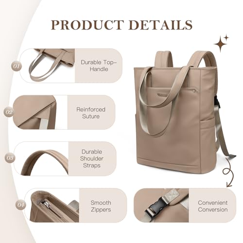 Convertible Laptop Backpack for Women Men Carry on Tote Backpack Teacher Bookbag for College Work Nurse Travel Leisure,16 Inch,Champagne Brown - color: Champagne Brown