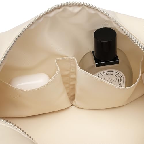 Organizer Bag Lightweight Cosmetic Bag with Ring Clasp Perfect Travel Makeup Bag for Women nylon Stand Up Design (Creamy White/Nylon) - color: Creamy White/Nylon