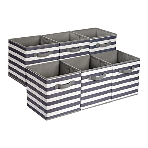 Amazon Basics Collapsible Fabric Storage Bins with Handles, Cube Organizer for Home Organization, 10.5"x10.5"x11", White/Light Grey Stripe, 6-Pack - color: White/ Light Grey Stripe, size: 10.5"x10.5"x11"