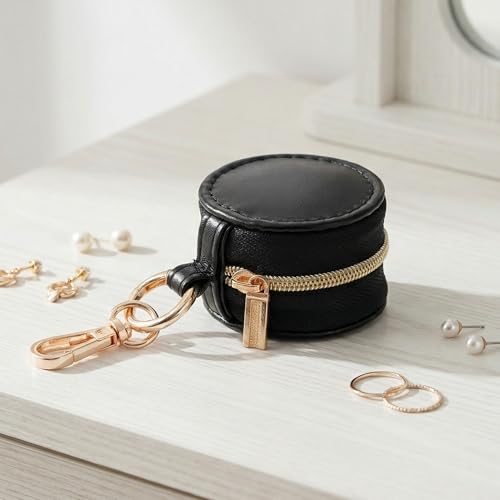 Portable Ring Holder Keychain, Mini Sports Jewelry Holder Box, Small Travel Ring Earring Stud Necklace Storage Case (Black) - color: Black