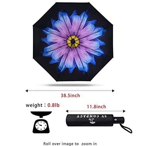 SY COMPACT Travel Umbrella - Windproof Automatic Compact Umbrella for Rain, Lightest 8-Rib, Small, Strong & Portable, Durable Grip, Fits Backpack & Car, Factory Direct (UV Available) - color: UPF-Flower purple