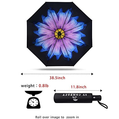 SY COMPACT Travel Umbrella - Windproof Automatic Compact Umbrella for Rain, Lightest 8-Rib, Small, Strong & Portable, Durable Grip, Fits Backpack & Car, Factory Direct (UV Available) - color: UPF-Flower purple