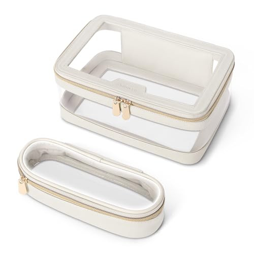 Soimeat Travel Clear Makeup Bag with Makeup Brush Bag, Leather Makeup Case Toiletry Bag, Portable Cosmetic Bag Case, Transparent Waterproof Cosmetic Organizer Storage Bag for Women, Medium, Off-White - color: Off-White, size: M