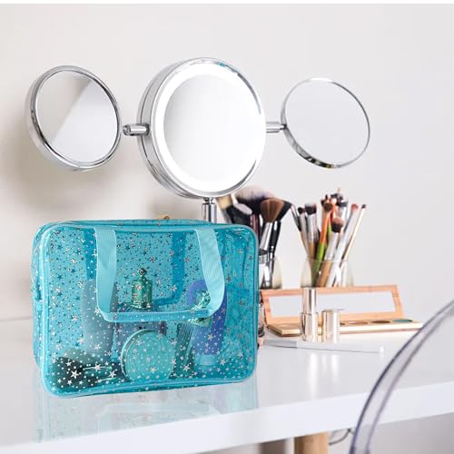 Holographic Star Large Light Blue Makeup Cosmetic Organizer Bag and Travel Pouch with Handle,Durable Material,Zipper Design-Ideal for Makeup,Travel Essentials (Blue) - color: Blue
