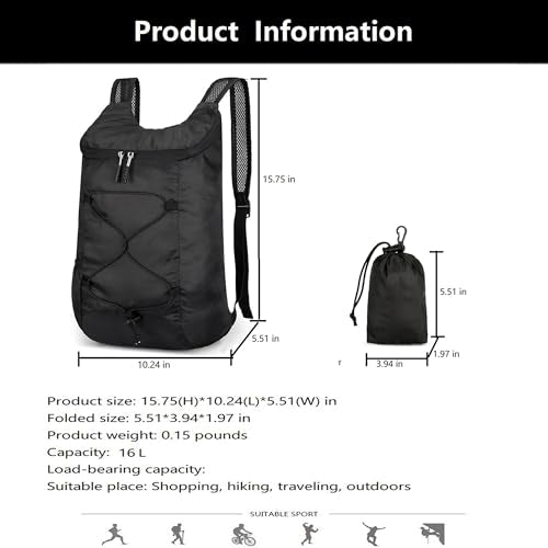 levayhill 16L Foldable Hiking Backpack,Small Packable Daypack,Black | Lightweight ,Outdoor Collapsible Rucksack,Ultralight Folding Back Pack, Water Repellent, Men Women Travel Gym, Easy Carry-on - color: Black