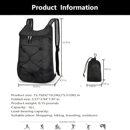 levayhill 16L Foldable Hiking Backpack,Small Packable Daypack,Black | Lightweight ,Outdoor Collapsible Rucksack,Ultralight Folding Back Pack, Water Repellent, Men Women Travel Gym, Easy Carry-on - color: Black