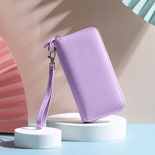 Moflycom Womens Wallet RFID Blocking Genuine Leather Zip Around Wallet Clutch Wristlet Travel Long Purse for Women - color: Light Purple