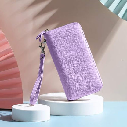 Moflycom Womens Wallet RFID Blocking Genuine Leather Zip Around Wallet Clutch Wristlet Travel Long Purse for Women - color: Light Purple