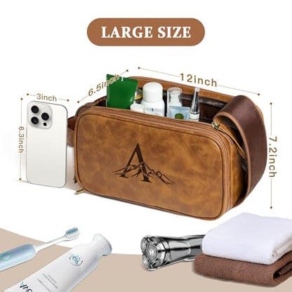 Janhavi Toiletry Bag For Men Waterproof, Groomsmen Gifts Personalized PU Leather Engraved Initials & Mountain, Mens Toiletry Travel Bag, Birthday Gifts For Men, Travel Tssentials (Brown A) - color: Brown, style: A