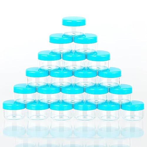 5 Gram Sample Containers with Lids, Mini Makeup Containers, Empty Plastic Travel Cosmetic Containers with Labels(25 Count, Blue Lid) - color: Blue
