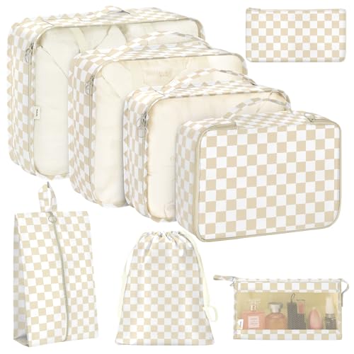 8 Set Packing Cubes for Travel, Luggage Packing Organizers Accessories Large Toiletries Bag for Clothes Shoes Cosmetics (Khaki Checkered) - color: 8Set-Khaki Checkered