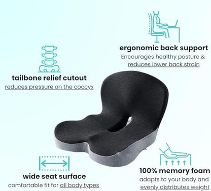 Orthopedic Cushion,Ergonomic Memory Foam L-Shaped Integrated Seat Cushions with Adjustable Strap,Ultra Breathable Non-Slip Design for Office Chair,Car,Wheelchair (Black+Gray) - color: Black+gray