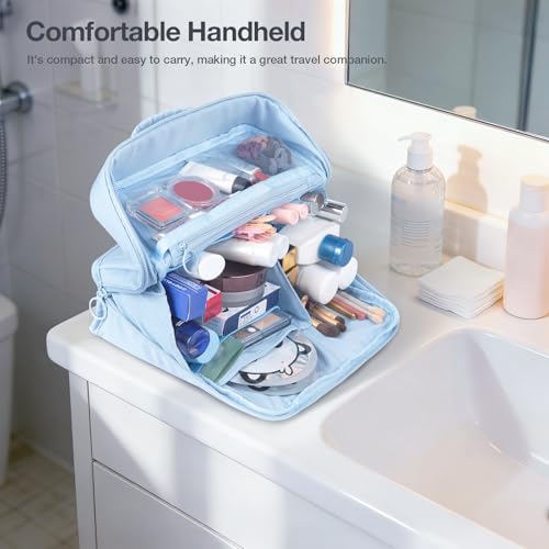 Abiudeng Standing Travel Makeup Bag Stand up Make up Bag Travel Toiletry Bag with Multiple Compartments Large Capacity for Women Business Trips Fitness and Daily Commutes(blue) - color: Blue