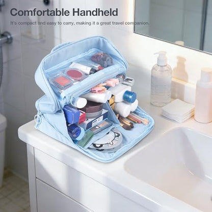 Abiudeng Standing Travel Makeup Bag Stand up Make up Bag Travel Toiletry Bag with Multiple Compartments Large Capacity for Women Business Trips Fitness and Daily Commutes(blue) - color: Blue
