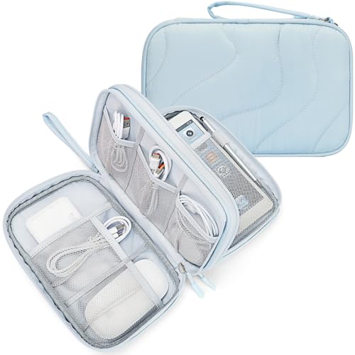 Skycase Tech Pouch - Lightweight Electronics Organizer Travel Case - Double Layers Cable Organizer - All-in-One Storage Bag for Charger, Cord, Phone, Flash Drive, Essentials - L - color: Wavy Pattern-Light Blue, size: L