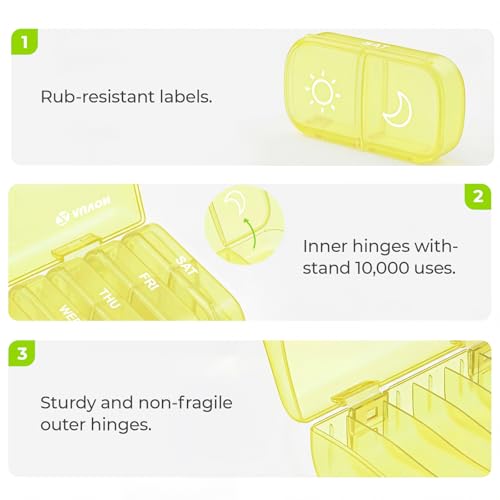 AUVON XL Weekly Pill Organizer 2 Times a Day, Pill Box 7 Day with One-Side Large Openings for Easy to Use, Black Privacy Protection AM PM Pill Case for Medication, Vitamins, Fish Oils, Supplements - color: Light Yellow
