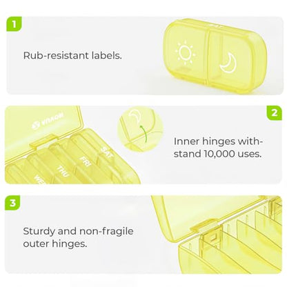 AUVON XL Weekly Pill Organizer 2 Times a Day, Pill Box 7 Day with One-Side Large Openings for Easy to Use, Black Privacy Protection AM PM Pill Case for Medication, Vitamins, Fish Oils, Supplements - color: Light Yellow