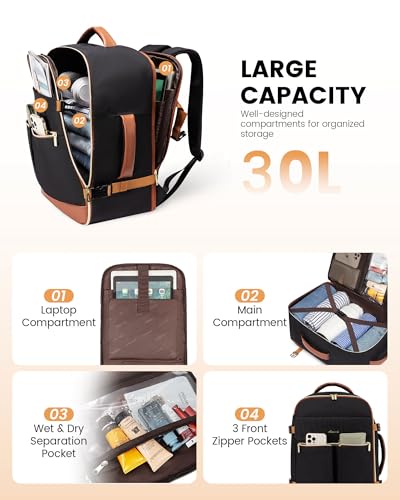 LOVEVOOK Carry On Backpack, 30L Travel Backpack Women with 3 Packing Cubes, TSA Airline Approved Suitcase Bag as Personal Item, Waterproof 15.6 inch Laptop Backpack for Weekender Overnight,Black-Brown - color: Black-brown, size: 35L-15.6 Inch-4Pcs