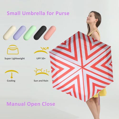 BAODINI Travel Essentials Mini Umbrella for Purse With Case Small Compact UV Sun Protection Lightweight Tiny Pocket Manual Open Close Umbrella for Women Kids and Men Fits Purse Backpack - color: H-1-red stripes