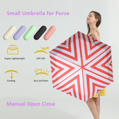 BAODINI Travel Essentials Mini Umbrella for Purse With Case Small Compact UV Sun Protection Lightweight Tiny Pocket Manual Open Close Umbrella for Women Kids and Men Fits Purse Backpack - color: H-1-red stripes