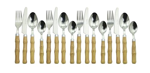 The Original Brink House Beyond Bamboo Stainless Steel Cutlery Set with Naturalistic Bamboo Handles / 16 pieces with Metal Stand, Lifestyle utensils set for home, first apartment, dorm, outdoor events - color: Beyond Bamboo