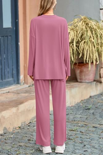 PRETTYGARDEN Women's Two Piece Lounge Sets Matching Long Sleeve Shirts Wide Leg Pants Tracksuits Travel Outfits Fall Clothes - color: Pink, size: Small