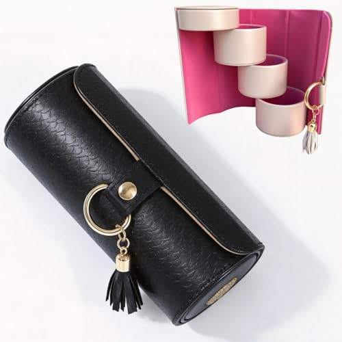 Layered Travel Jewelry Case for Girls, Compact Jewelry Travel Case with 3 Rotating Layers, Durable PU Leather, Earring Necklace Organizer for Travel, Ideal Gift for Women, Friends (Black) - color: Black