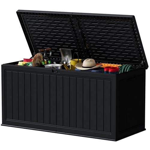 Devoko 260 Gallon Double-Wall Deck Box with Divider, Side Handles, Resin Outdoor Large Storage Box Waterproof and Lockable for Patio Furniture, Garden, Pool (Black, 260 Gallon) - color: Black, size: 260 Gallon 1 Pack