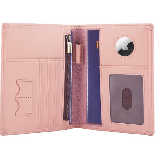 STAR VISTA Phoenix Leather Passport Holder, Calfskin Leather Travel Wallet - RFID Blocking, ID Window, Zipper Pocket, Pen & Notebook Included, AirTag Holder, Pale Pink - color: Pale Pink Calfskin AirTag