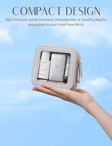 Popvibe Clear Makeup Bag Travel Cosmetic Case Transparent Toiletry Bag with Zipper, Portable Make Up Organizer Traveling Compact Car Bag for Essentials - color: Beige Grey, style: Mini Chic