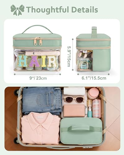 Fasrom Double Layer Hair Accessories Organizer, Preppy Patch Makeup Bag with HAIR Chenille Letter, Portable Travel Cosmetic Pouch Clear Toiletry Case for Women Girl, Green(Bag Only, Patent Design) - color: Green