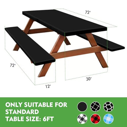 Picnic Table Cover with Bench Covers, Fitted 6ft Waterproof Tablecloth Set for Outdoor Camping & RV - Includes 1 Table Cover & 2 Bench Covers with Drawstring Storage Bag, 30"x72", Solid Black - color: Black
