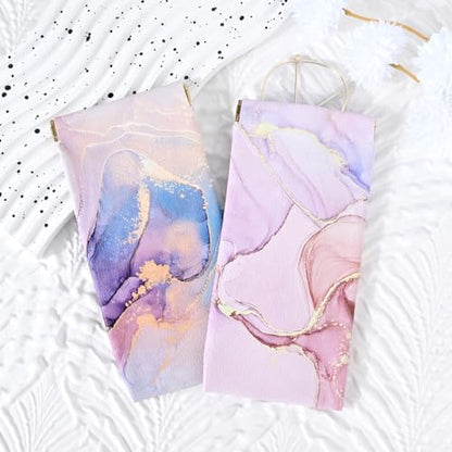 Glasses Case Soft, Eyeglass Cases for Women Portable Squeeze Top PU Leather 2 Pack Glasses Pouch with Cleaning Cloth - color: 2pcs Pink Blue Marble+blue Purple Marble