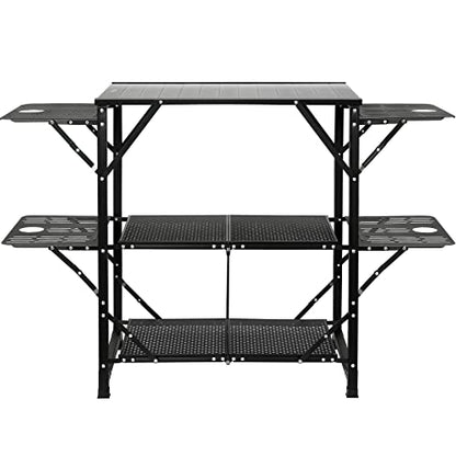 VEVOR Camping Kitchen Table, Aluminum Folding Portable Outdoor Cook Station with 4 Iron Side, 2 Shelves & Carrying Bag, Quick Installation for Picnic BBQ Beach Traveling
