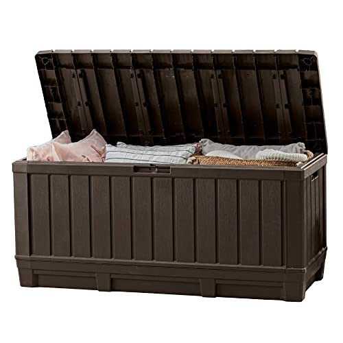 Keter Kentwood 92 Gallon Resin Deck Box-Organization and Storage for Patio Furniture Outdoor Cushions, Throw Pillows, Garden Tools and Pool Floats, Brown - color: Brown
