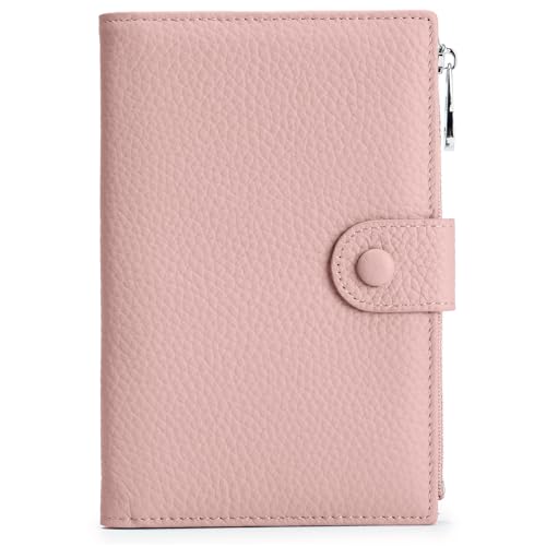 Leather Travel Wallet for Women, Slim RFID Blocking Passport Holder, Compact Passport Wallet with Zippered Coins Pocket and SIM Slots, Ladies Passport Cover - color: Misty Pink