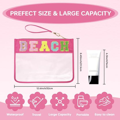 Beach Bag,Sunscreen Bag, Chenille Letter Clear Zipper Pouch for Travel Preppy Patch Makeup Bag-Nylon Cosmetic Preppy Makeup Waterproof Organizer Bags Set for Women Valentines Bags (MH-BEACH) - color: MH-BEACH