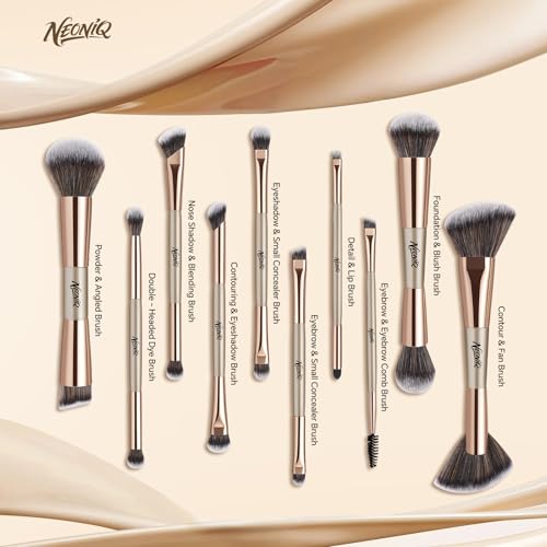 10 PCS Travel Makeup Brush Set With Bag, Makeup Brushes, Double-End Multi-functional Brushes for Foundation Powder Blush Eyeliner Eyeshadows, Professional Face Brush Set（Champagne Gold） - color: 10Pcs-Champagne Gold