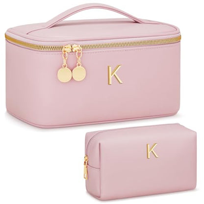 Personalized Initial Makeup Bag Gifts for Women, Large Travel Cosmetic Organizer with Handle & Divider, PU Leather Toiletry Bag for Girls, Birthday Bridesmaid Gift Set - Pink - K - color: Pink, style: K