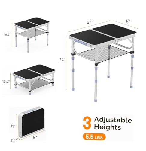 Small Folding Table Portable, 2FT Camping Pinic Table with 3 Adjustable Height, Aluminum Foldable Lightweight Patio Side Table with Carry Handle for Outdoor Hiking Camp BBQ Beach (Black) - color: Black