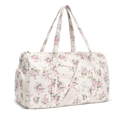 Gym Bag for Women, Cute Duffle Bag, Quilted Duffle Bag for Travel, Floral Duffle Bags, Weekend Bag with Zipper Pocket Dance Bag Organizer - color: B-Pink flower