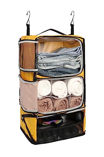 ELEZAY Hanging Packing Cubes Portable Closet 3-Shelf Travel Collapsible Compression Garment Organizer for Carry-on Luggage Suitcase Space Saver Bag X-Large_No Side Pockets, Yellow - color: Yellow, size: X-Large_12*10*24 IN