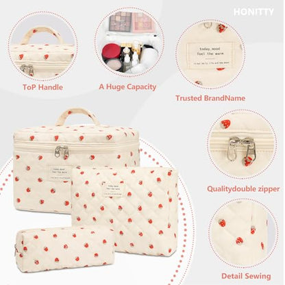 honitty Makeup Bag,Quilted Cosmetic Bags,Large Floral Make Up Organize bag,Makeup Bag Set for Women,Flower Travel Toiletry Bag - color: Strawberries