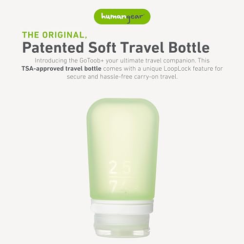 humangear GoToob+ (Medium) | Refillable Silicone Travel Bottle | Locking Lid | Food-Safe Material | Green, Medium (2.5 fl.oz.; 74ml) - color: Green, size: 2.5 Ounces
