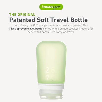 humangear GoToob+ (Medium) | Refillable Silicone Travel Bottle | Locking Lid | Food-Safe Material | Green, Medium (2.5 fl.oz.; 74ml) - color: Green, size: 2.5 Ounces