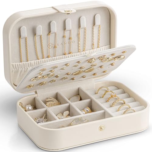 VLANDO Travel Jewelry Case for Women Girls, Gifts for Mother, PU Leather Small Jewelry Box for Rings, Necklaces, Bracelets, Earring Holder Organizer Storage for Travel Essentials - Beige - color: A.Beige