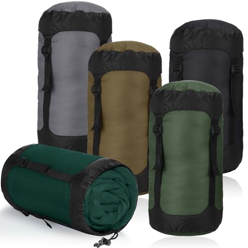 5 Pcs Compression Sacks for Backpacking 20L Camping Sleeping Bag Stuff Sacks for Backpacking Water Resistant Sleeping Bag Storage Sack for Space Saving Hiking Gear - color: Earth Tones