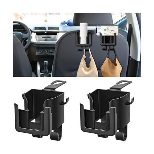 Car Headrest Cup Holder for Back Seat, 2PCS 3 in1 Multifunctional Vehicle Backseat Phone Organizer, Large Capacity Auto Handbag Storage Hook Hanger, Universal for SUV RV Truck
