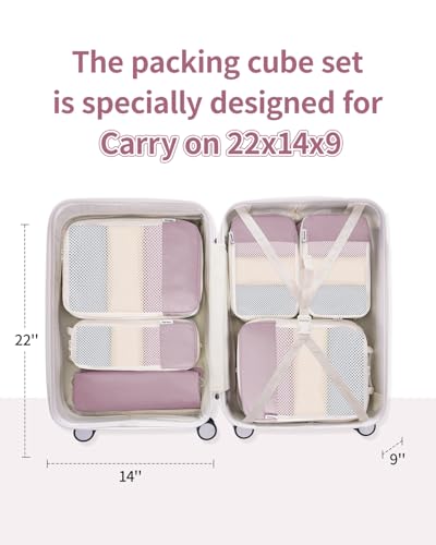 Narwey 6 Set Compression Packing Cubes for Travel Women Men, Travel Cubes for Carry On Suitcase, Durable Compression Luggage Organizer Bags - color: Dusty Rose