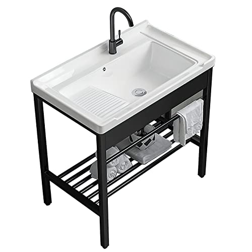 Freestanding Laundry Utility Sink, 28.3" x 19" x 32.3" Ceramic Utility Sink with Washboard Set with Bracket and Drain Kit for Laundry Room, Utility Room, Garage, Basement, Outdoor and Indoor - color: A_Utility Sink_Black